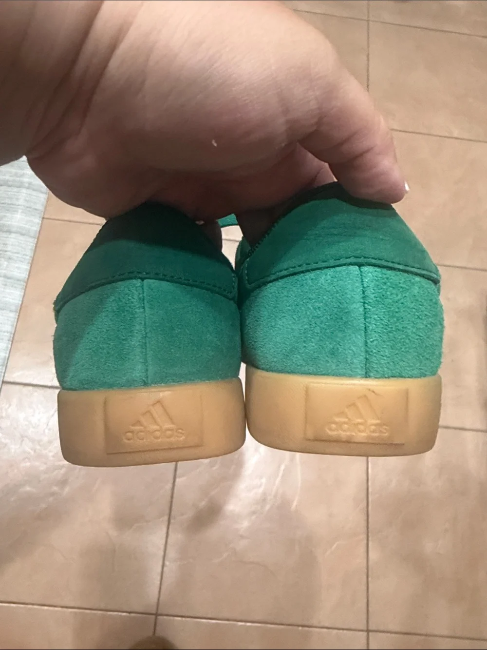adidas men’s Green Suede Sneakers with White Stripes and Gum Sole